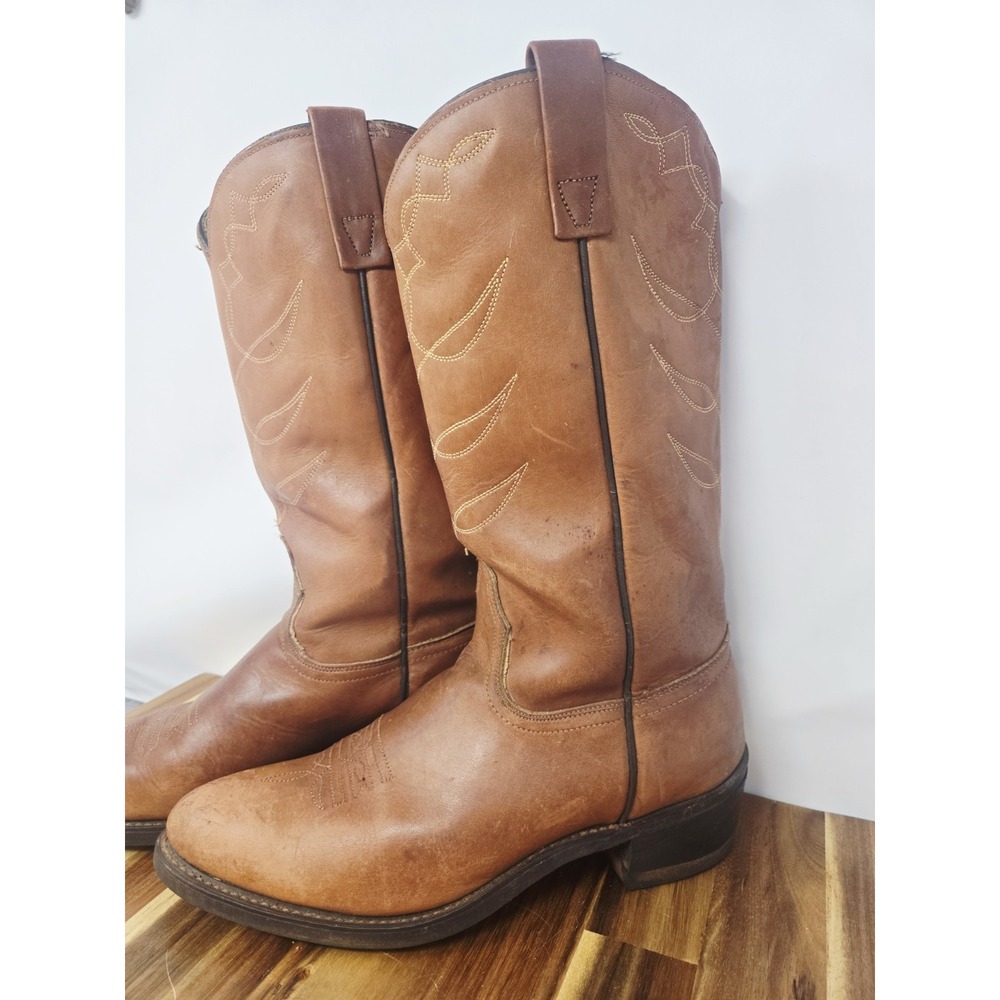 ACME Vintage Cowboy Western Boots Cognac Brown Leather Ranch Men Size 7 Womens 9 - Picture 7 of 11